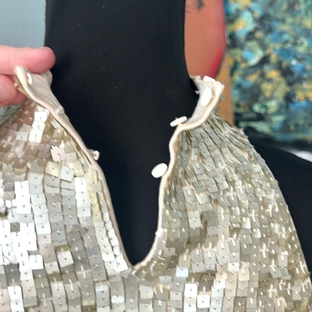 White House Black Market Champagne Sequin Paillette Halter Top Y2K Glam Size M - Picture 9 of 12
